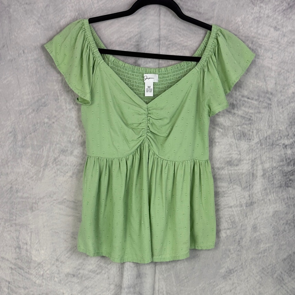 Japana Womens Green Ruched Smocked Peplum Top Size M Coquette Milkmaid feminine